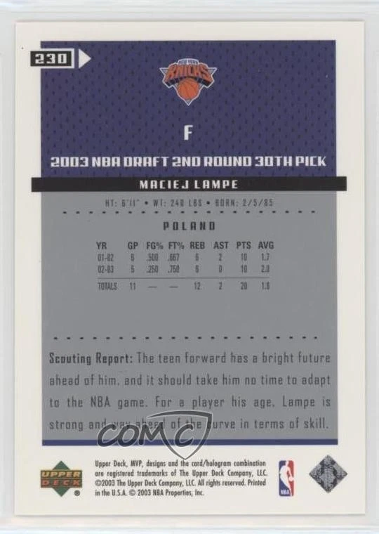 2003-04 Upper Deck MVP Rookie Gold /100 Maciej Lampe #230 Rookie RC - Image 2 of 2