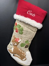 Pottery Barn Kids Christmas Reindeer Fawn Deer Quilted Stocking *Cats Monogram