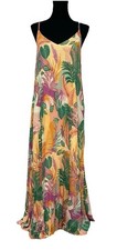 SKIES ARE BLUE Tropical Pink Guava Printed Pleated Maxi Dress Size XS