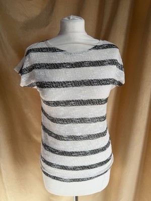 Promod Short Sleeve White and Black Stripes Spring Summer Top size 8