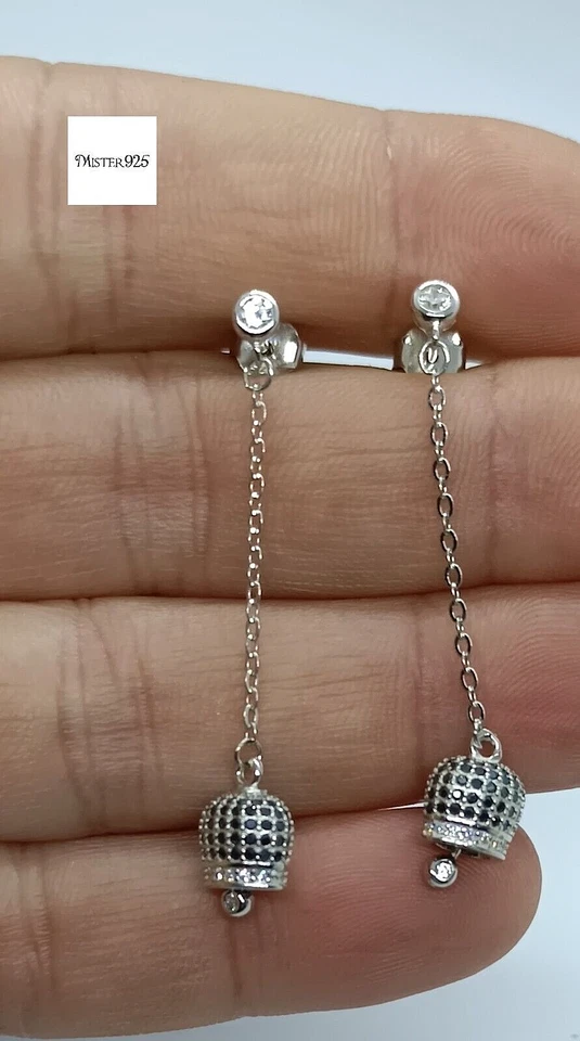 Orecchini argento 925 pendenti donna campanella di capri con zirconi neri - Immagine 3 di 4