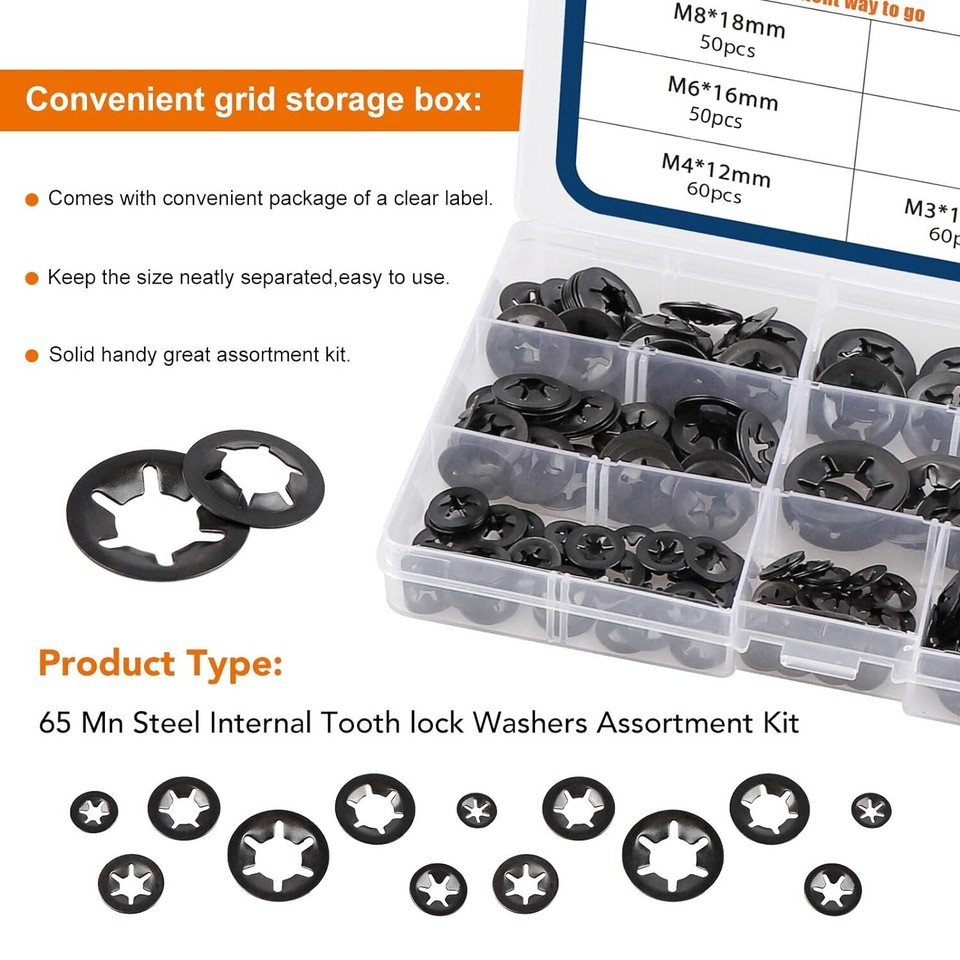 280-Piece Tooth Lock Washer Assortment Kit – M3 To M12 Internal Star Washers In A Sturdy Storage Box