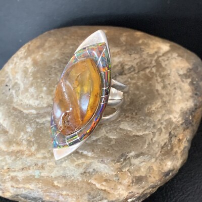 Gold Pomellato Amber & Opal Navajo Sterling Silver Inlay Ring Size 9 12851