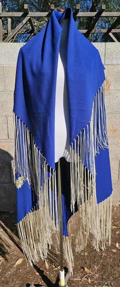 Vintage Piano Shawl Cobalt Blue Floral Embroidered Flamenco Dance Fringe 60x60 - Image 2 of 4