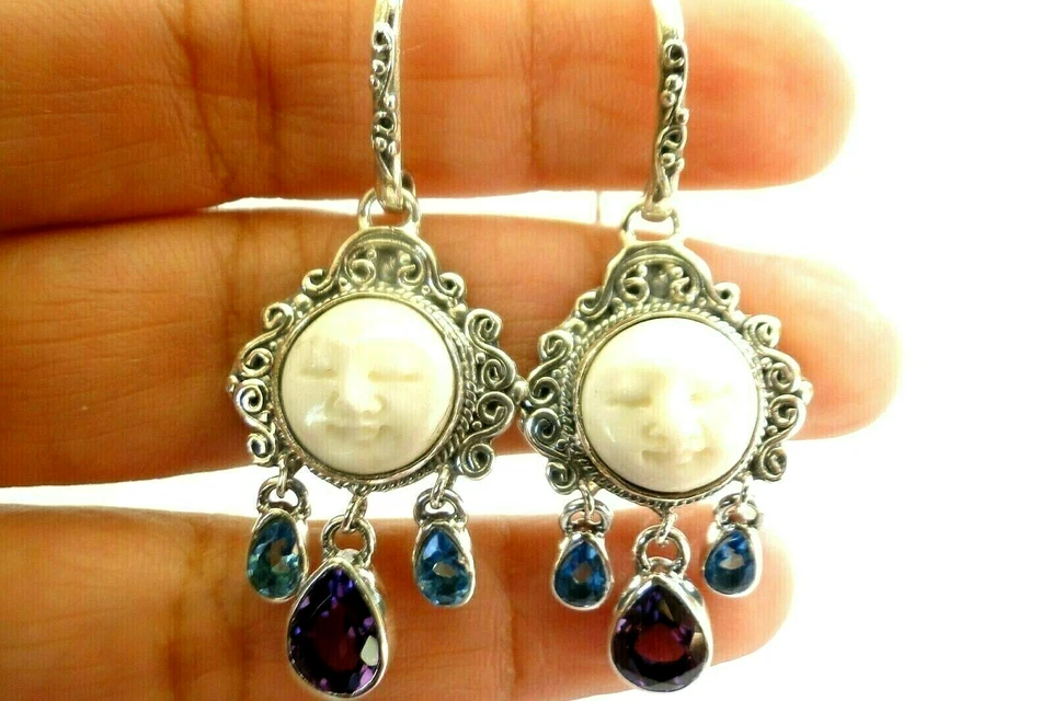 Balinese Goddess Close Eyes Amethyst Blue Topaz 925 Sterling Silver Earrings - Image 2 of 4