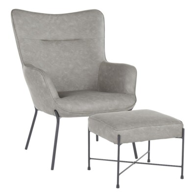 LumiSource Izzy Lounge Chair, Ottoman Set, Black/Grey Faux Leather - C2-IZZYBKGY