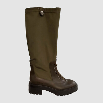$1125 Aquazzura Women Brown Green Leather Rain Knee-High Boots Shoes Size 37