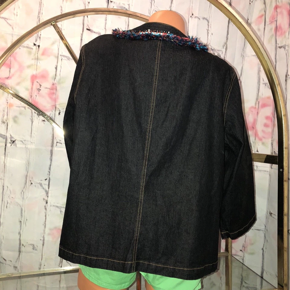 Ruby Rd Womens 18W Plus Jacket Black Denim W Trim 3/4 Sleeve Zipper Front  - Image 3 of 4