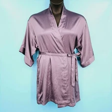 Victorias Secret Short Robe XS S Silver Grey Satin Short Sleeve Tie Waist Pocket