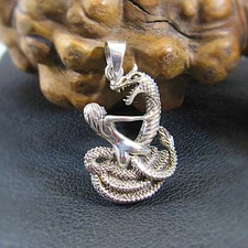 Solid 925 Sterling Silver Damsel in Distress & Dragon / Serpent / Snake Pendant