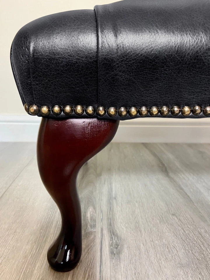 Chesterfield Queen Anne Buttoned Black Faux Leather Footstool - Image 3 of 4