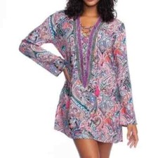 La Blanca Paisley Print Lace Up Long Sleeve Swim Coverup Tunic Size Medium