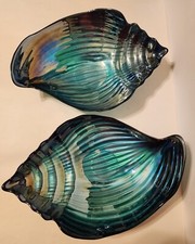 Set of 2 Art Glass Iridscent Blue Teal Bowls 14"x9"