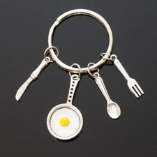 Fried Egg Skillet Spoon Knife Fork Charms Miniature Food Keychain Cook Gift
