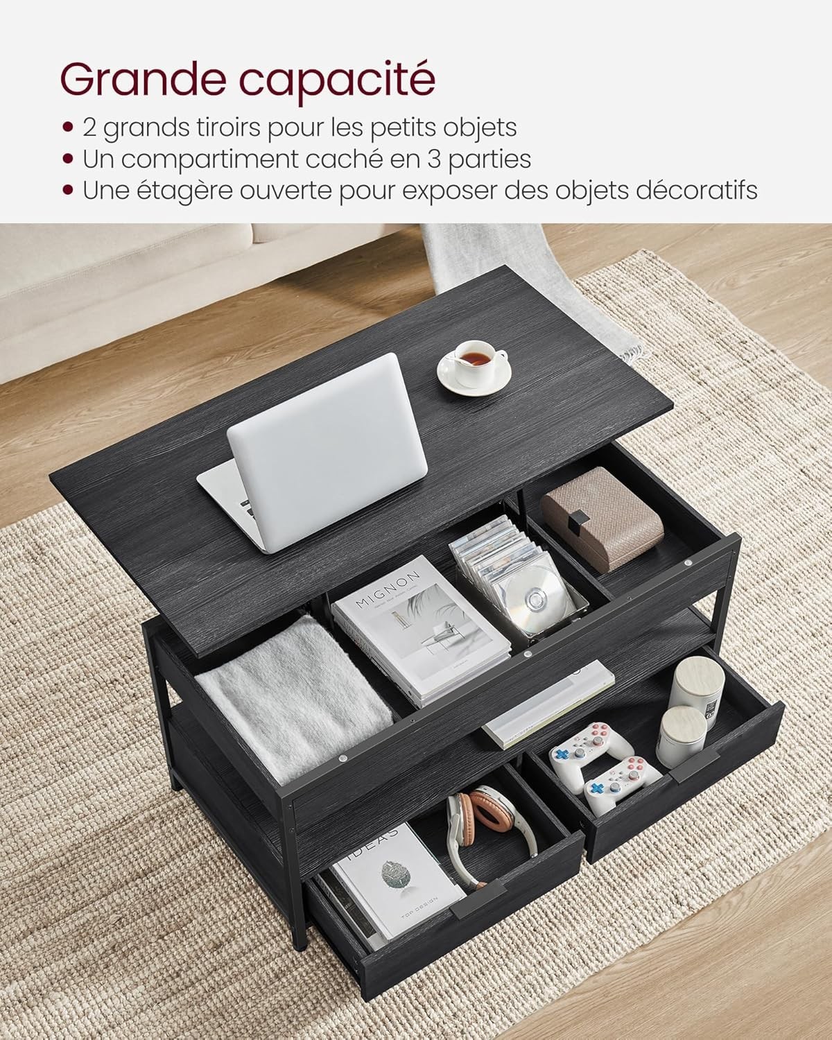Table basse relevable avec rangements style industriel pour vos soirées télé - 3