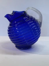 Blue Cobalt Oval Tilt Glass Picture Ribbed Design With Clear Ribbed Handle.READ