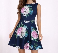 Eliza J Navy Floral Fit & Flare Dress Petite 4P Blue Pink Wedding Summer Party