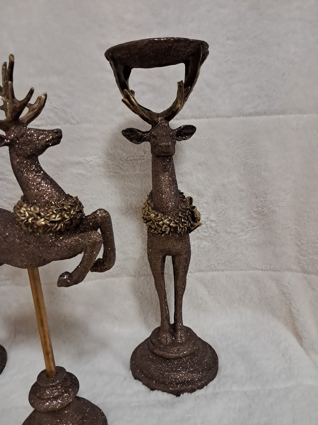 Melrose International Christmas Reindeer Glitter Bronze Candle Holders Statue 
