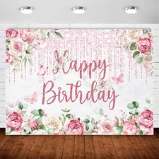 Pink Flower Happy Birthday Backdrop Banner 7x5ft, Floral Rose Gold Bday