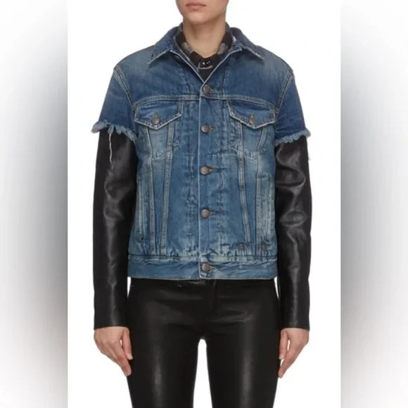 R13 Kelly Trucker Jeans Jacket with Leather Sleeves