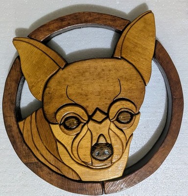 Intarsia Wood Chihuahua Wall Hanging, Handcrafted, 3D