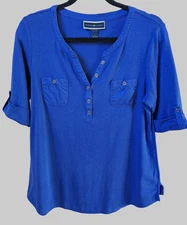 Karen Scott L Royal Blue Vneck Cotton Short Sleeve Camp Shirt