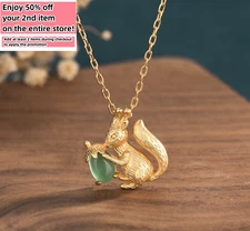Jade Squirrel Acorn Pendant Necklace Charm 18K Gold Plated Chain Dainty Gemstone