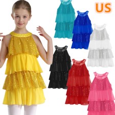 Kids Girls Dress Leotard Ruffled Costume Sequins Gymnastic Dance Modern Jazz