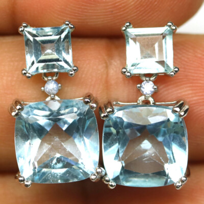 925 Sterlingsilber 11 X 11 Mm. Himmelblauer Topas & Saphir Ohrringe