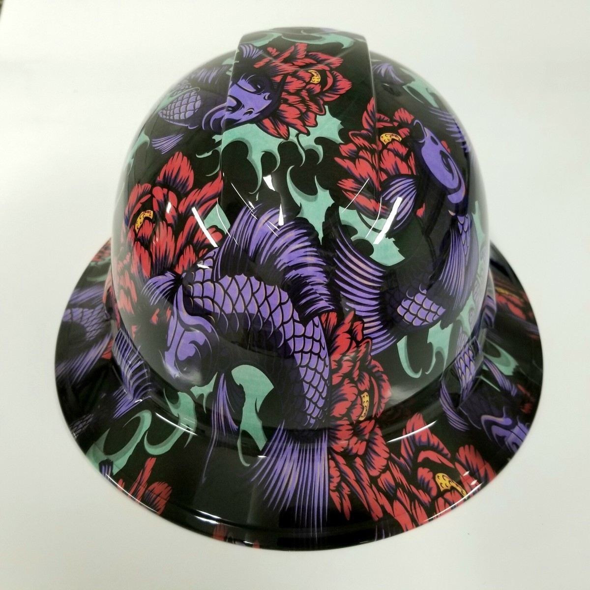 NEW FULL BRIM Hard Hat custom hydro dipped JAPANESE KOI FISH
