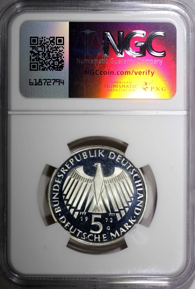 ALEMANIA PROOF Plata 1973 G 5 Mark Parlamento NGC PF68 UC EXCELENTE CALIFICADO KM#137 (7) Foto 3 de 4