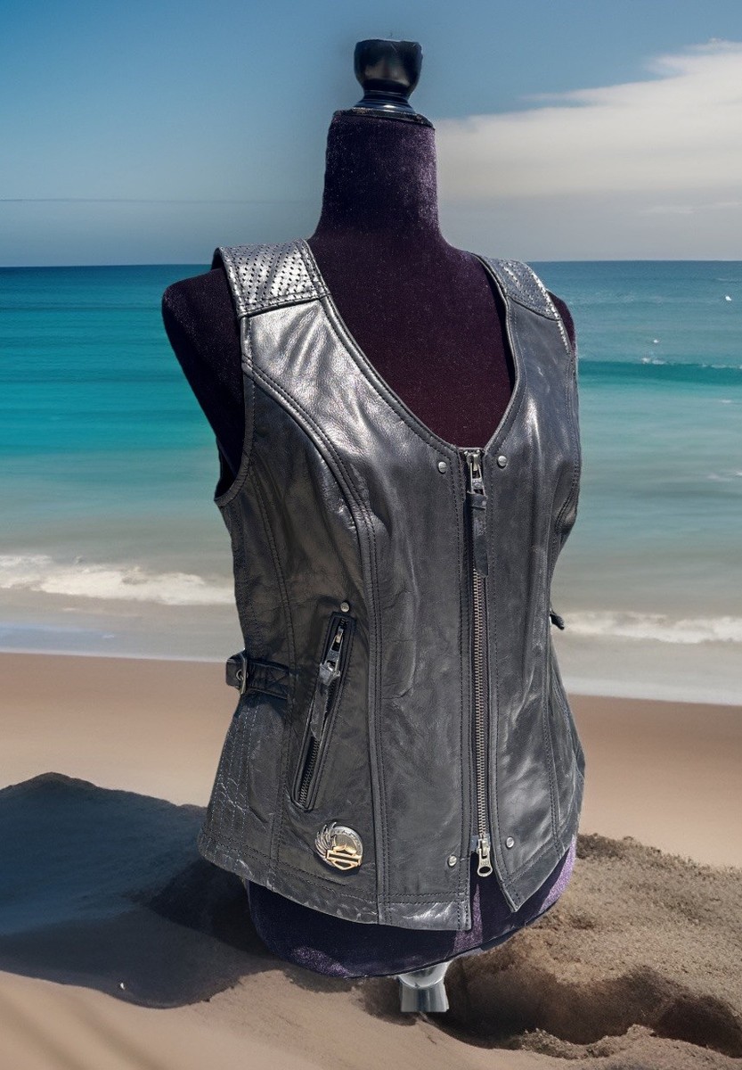 Harley Davidson Women 115th Anniversary Black Leather Vest Small