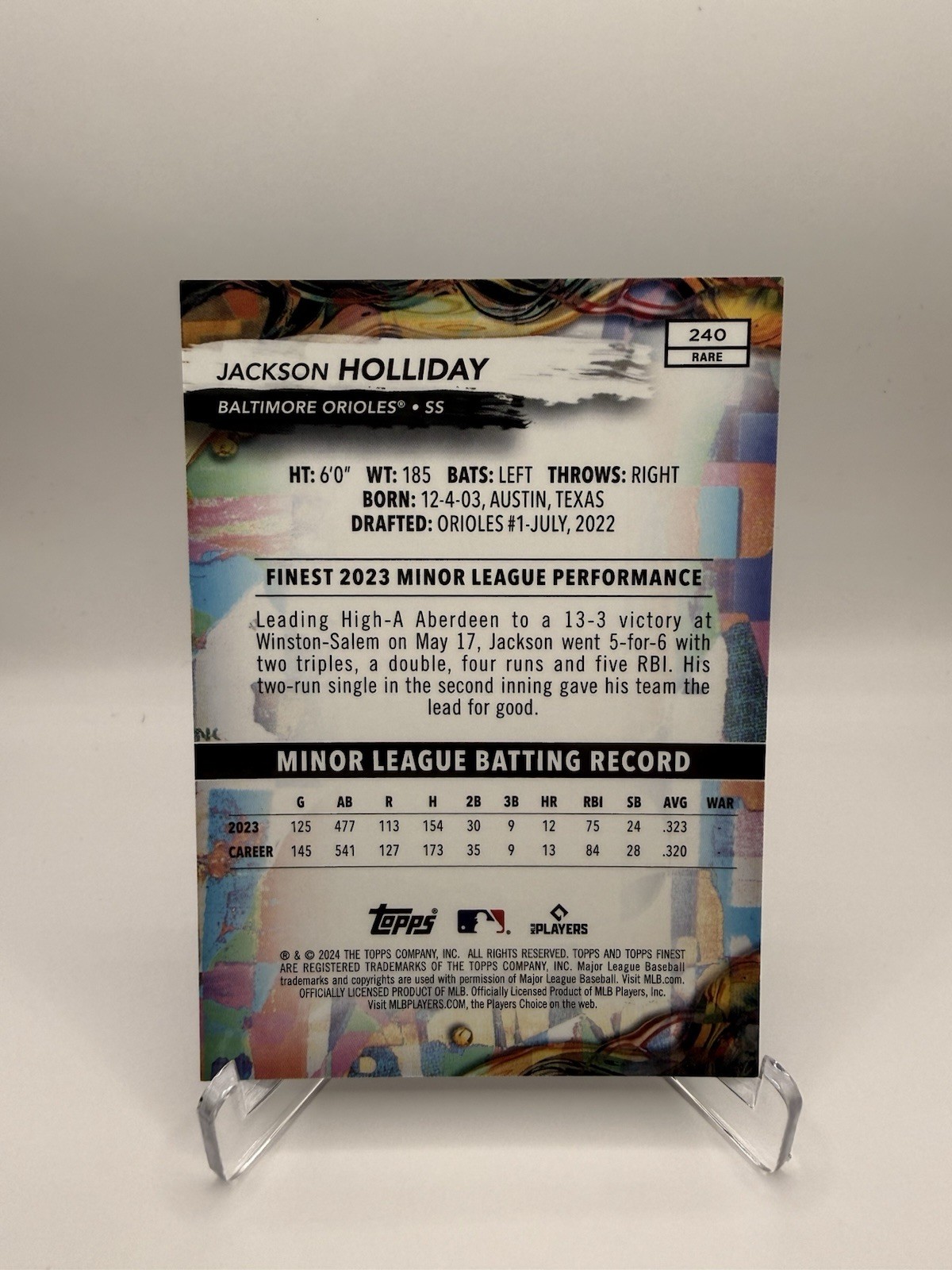 2024 Topps Finest - Rare Jackson Holliday #240 Blue Refractor /49 Orioles RC SP view 2