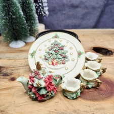Vintage Miniature Christmas Tea Set Resin Tree Holly 1995