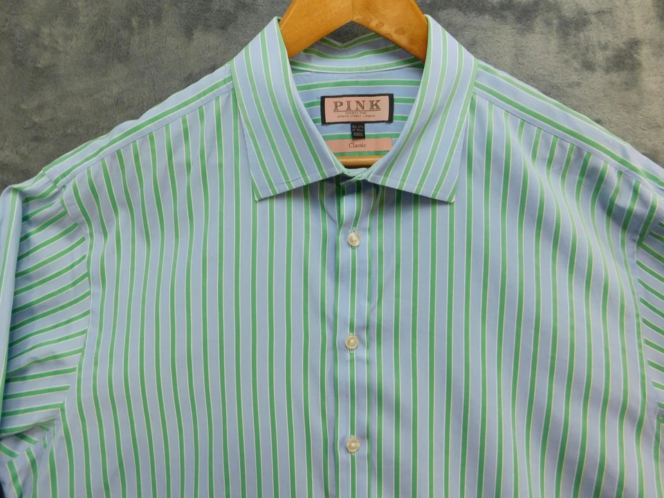Thomas Pink Shirt Mens 18.5 2XL Blue Green Stripe Classic Fit French Cuff Dress - Image 2 of 4