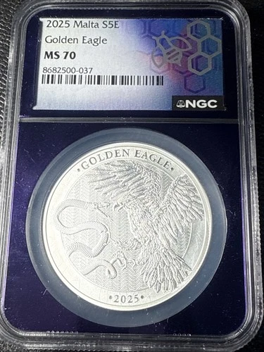 2025 Malta S5E Golden Eagle NGC Cert MS 70 Purple Core! Perfection! Silver!