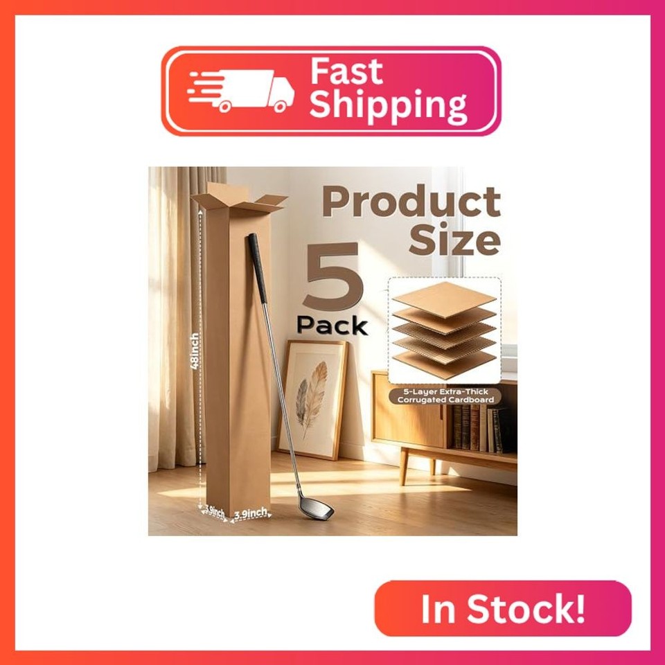 5 Pack Golf Club Shipping Boxes, 48x4x4 Inch Tall Corrugated Cardboard ...
