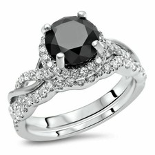 Antique Art Deco Style 3.10Ct Round Black Diamond Anniversary Bridal Ring Set