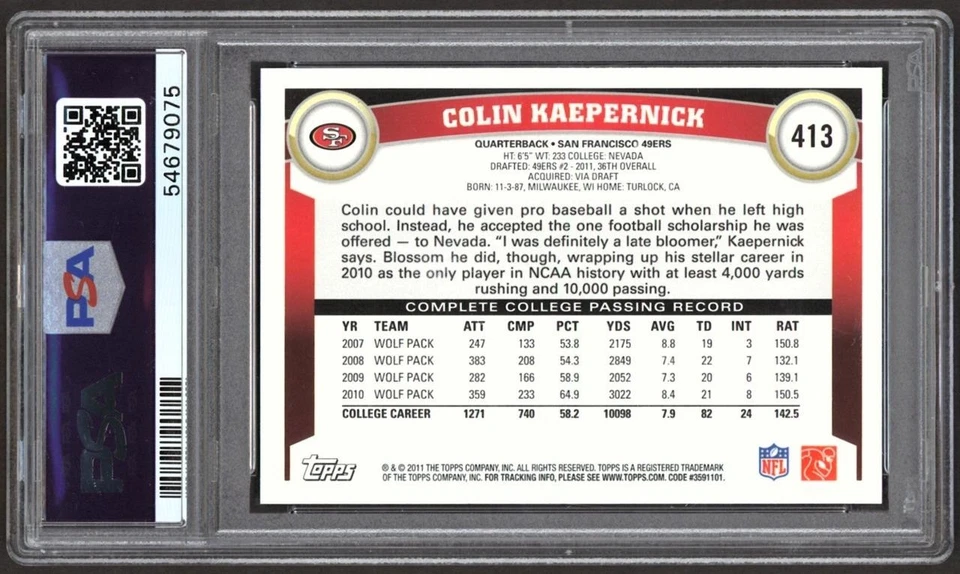 2011 Topps #413A Colin Kaepernick RC Rookie PSA 10 GEM MINT 49ERS - Image 2 of 2