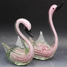 Pair Vintage Murano Multicolor Pink & Clear Art Glass Swan Bird Sculptures 11"