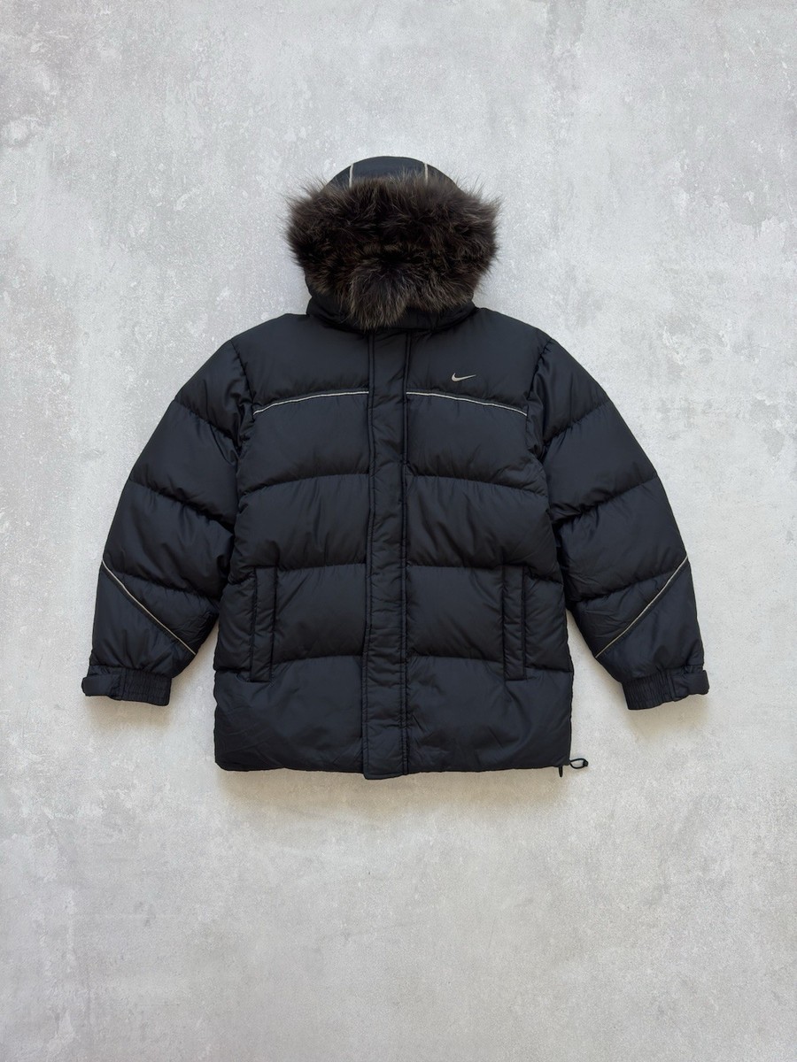y2k 00s nike down jacket L 黒 Vintage Nike 00s Puffer Black Down Jacket Fur Hood Warm