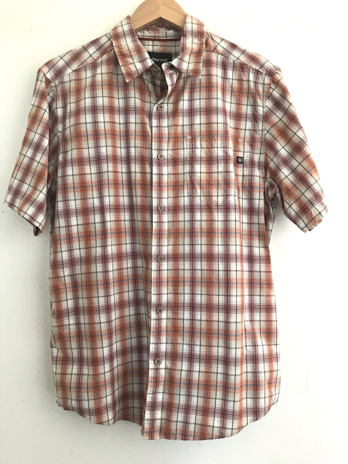Marmot Plaid Camp Shirt Orange Red Button Down Short Sleeve Size M Hiking