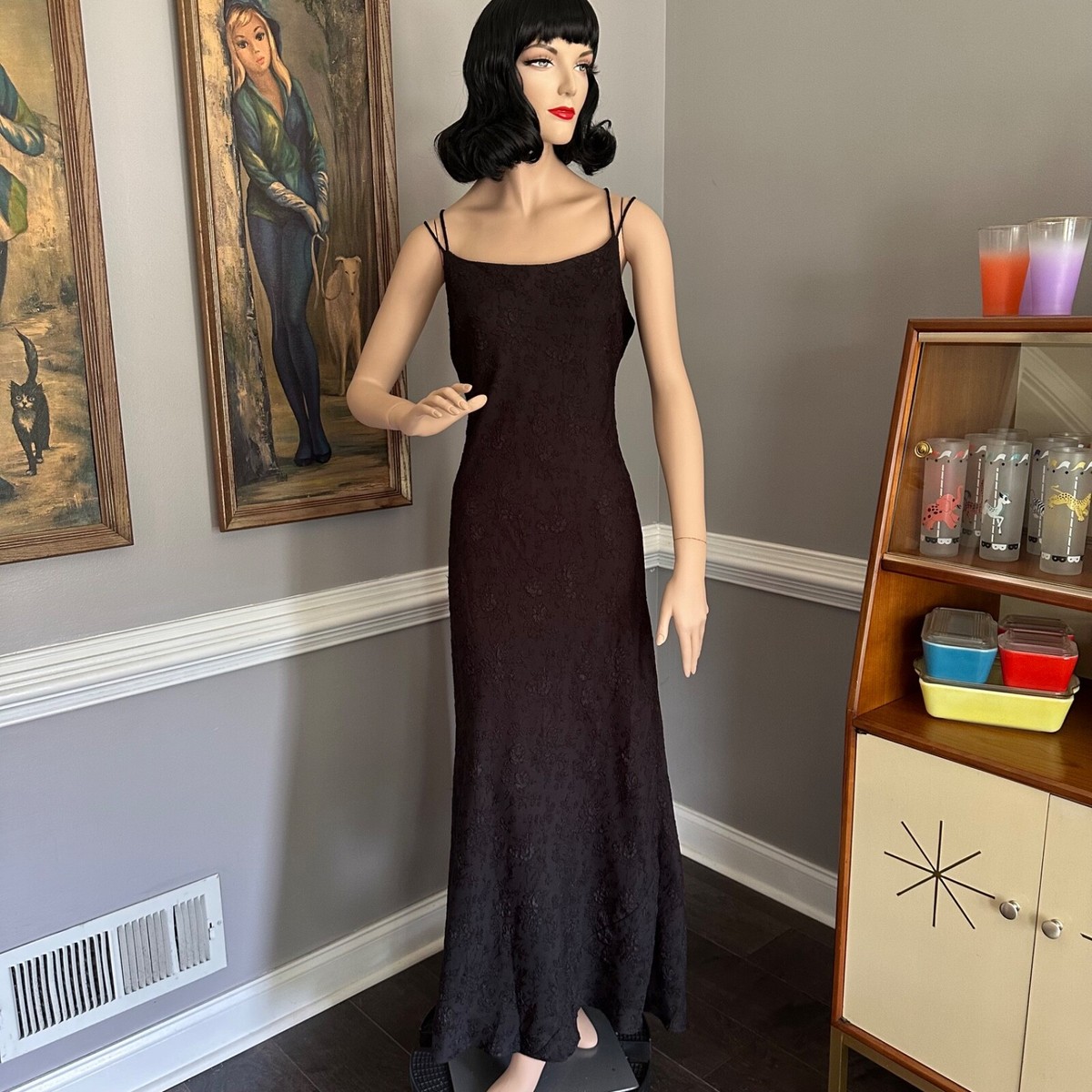 Vintage 90s Goth Textured Floral Slip Dress Slinky Prom Gown Strappy Back  M/L