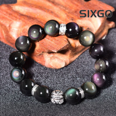 Natural Double Rainbow Eye Obsidian Chinese Dragon Pixiu Beads Bracelet 10mm