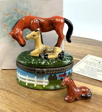 Porcelain Hinged Trinket Box Horse Pony With Baby Colt