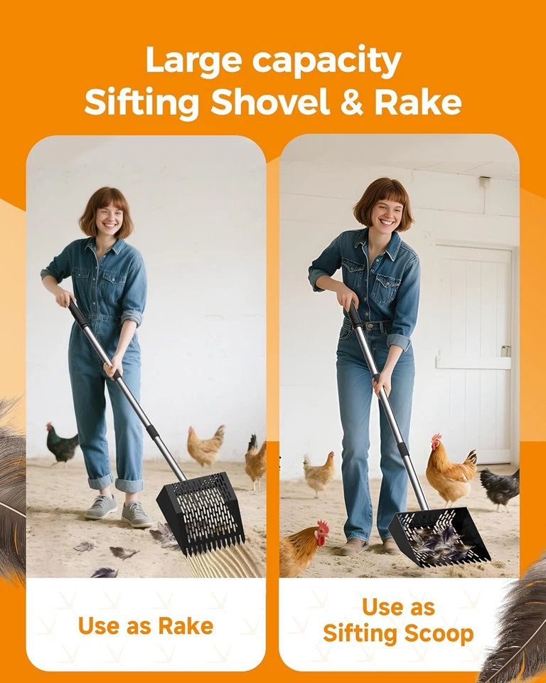 Cuchara y rastrillo para caca de pollo 2 en 1, pala para gallinero de metal 10 pulgadas empujón para tamizar arena Foto 4 de 4