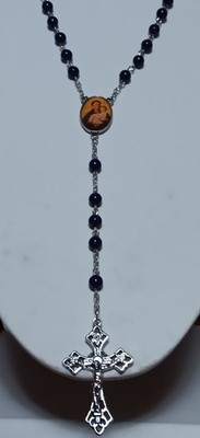 St. Anthony Navy Glass Beaded Rosary Made in Italy 24''  Silver Cross