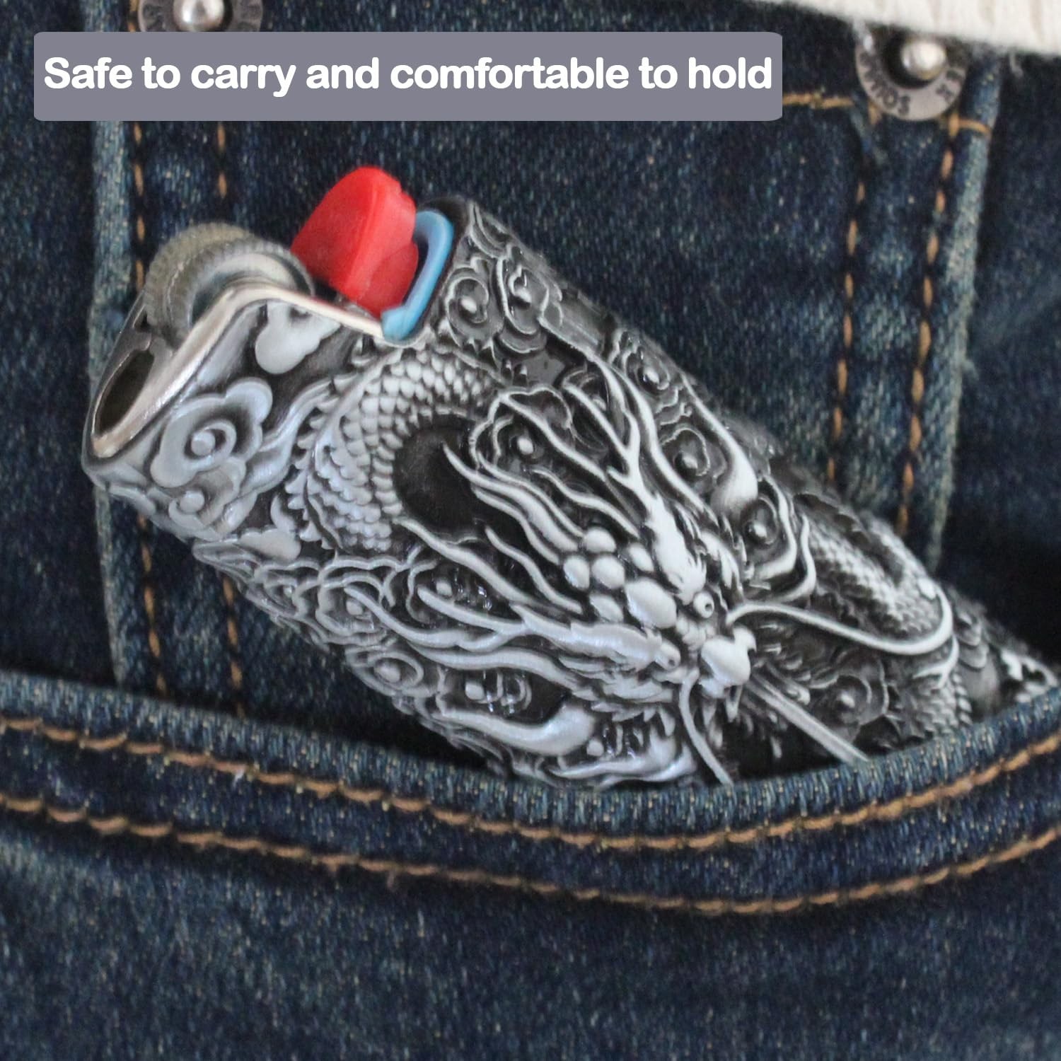 HUMWE Vintage Dragon Metal Lighter Case Cover, Engraved Sleeve Pouch Silver 