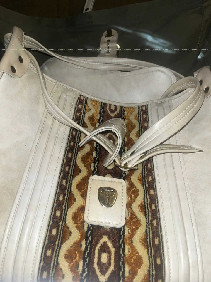 Vintage Carry On & Matching Suitcase, Beige Faux Leather with MCM Fabric Panel - Imagem 3 de 4