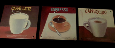 3 PC SET of WA COFFEE  THEMED TIN SIGNS - Caffe' Latte, Espresso and Cappuccino